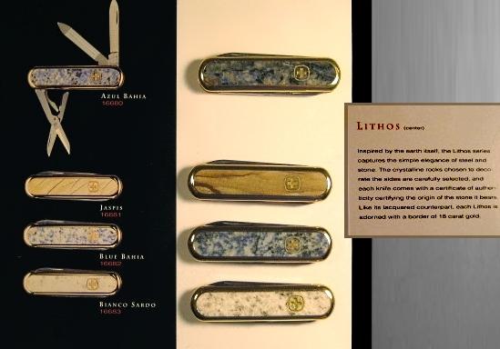 A catalogue page and the actual knives from the Wenger luxury Lithos series.  
These knives have the main tools of the Esquire model, but feature 18K 10 micron gold plated scales with highly polished stone inlays.  
**Image by: vaswiss (SOSAK); image processing by ICFT.