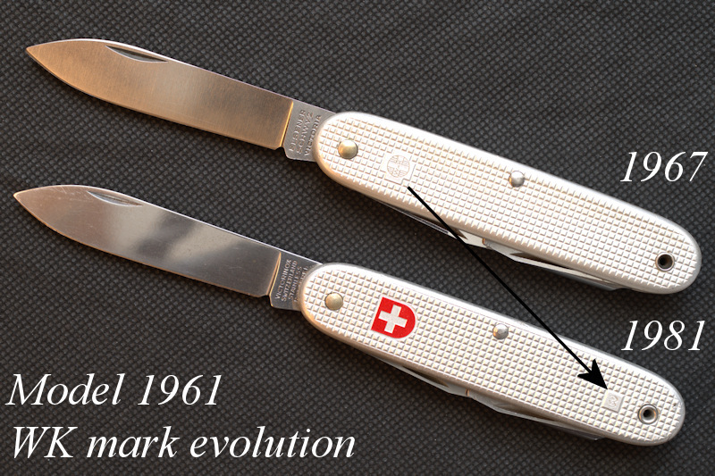 Fig. 14. Change in the WK stamp type and position on 1961 model (1967 and 1981 knives shown as examples only